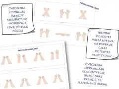 Ćwiczenia usprawniające motorykę małą i precyzję, wspierające trening motoryczny dla dzieci. Karty z sekwencjami ruchów dłoni.