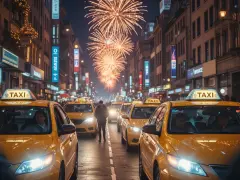 Gelbe Taxis stehen in einer beleuchteten Straße, während Feuerwerk den Silvesterhimmel erhellt.