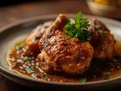 Pollo en salsa de la abuela Carmen, jugoso y cubierto de una rica salsa, servido en un plato con perejil fresco.