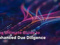 The Ultimate Guide to Enhanced Due Diligence, visualized with flowing data streams on a digital circuit board.