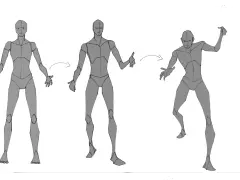 Figuras grises muestran poses para dibujar, evolucionando de una pose estática a una dinámica.