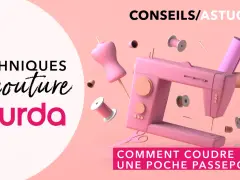 Techniques de couture Burda : comment faire une poche passepoilée. Machine à coudre rose, fils, ciseaux et mannequin de couture.