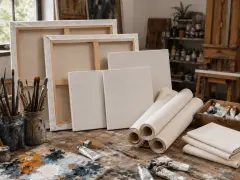 Un atelier d'artiste avec des toiles pour peindre, des pinceaux, des tubes de peinture et une palette.