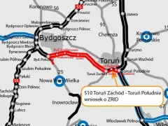 Mapa drogowa z zaznaczonymi trasami S5 i S10 między Bydgoszczą a Toruniem, z widocznymi mniejszymi miejscowościami.