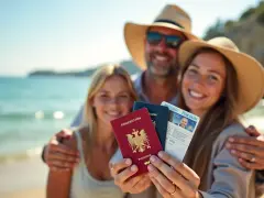 Rodzina na plaży trzyma paszporty. Czy do Hiszpanii potrzebny jest paszport? Tak, dla obywateli spoza UE.