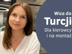 Kobieta z uśmiechem na twarzy, obok tekst: "Wiza do Turcji. Dla kierowcy i na montaż".