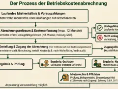 Flussdiagramm erklärt den Prozess der Betriebskostenabrechnung, damit Mieter ihre Abrechnung verstehen. Es zeigt Schritte von Vorauszahlungen bis zum Ergebnis.