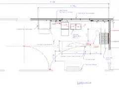 Detailed kitchen cabinet layout showing sink, island, stove, and fridge placement.