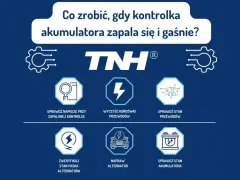 Grafika z poradnikiem: co zrobić, gdy kontrolka akumulatora zapala się i gaśnie. Wskazówki obejmują sprawdzenie napięcia, przewodów, paska alternatora, naprawę alternatora i stan akumulatora.