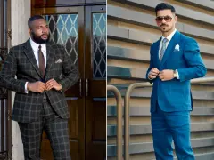 Uomo in abito a quadri scuro e uomo in abito blu brillante. La taglia 46 uomo corrisponde a uno stile impeccabile.