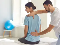 Fizjoterapeuta bada plecy pacjentki, sprawdzając, gdzie są lędźwie. W tle niebieska piłka do ćwiczeń.