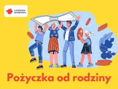 Rodzina świętuje pożyczkę od bliskich. Trzymają banknot i monety, symbolizując wsparcie finansowe.