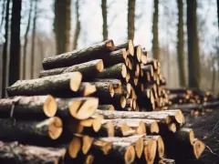 Un tas de frêne bois de chauffage empilé dans une forêt brumeuse, prêt pour l'hiver.