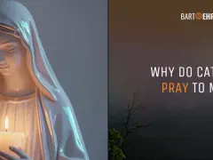 A statue of Mary holds a candle, with text asking "Why do Catholics pray to Mary?