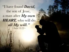 Silhouette of a man praying in a misty forest at sunrise, with text quoting Acts 13:22 about David, a man after God's own HEART.