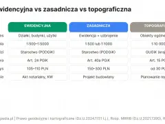 Porównanie map: ewidencyjna (działki, budynki, skala 1:500-1:5000, prowadzona przez starostwo) vs zasadnicza vs topograficzna.
