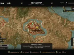 Mapa świata Wiedźmin 3, z zaznaczoną tablicą ogłoszeniową i zadaniem "Nilfgaardzki łącznik". Gra dostępna w ramach Game Pass.