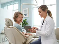 Dentystka w białym fartuchu pokazuje tablet pacjentce siedzącej na fotelu stomatologicznym.