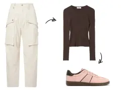 Outfit con pantaloni cargo color crema, maglia marrone a coste e sneakers rosa.