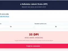 Kalkulator DPI pokazuje, że przy rozmiarach 70x50 cm wydruk będzie miał niską jakość 35 DPI.