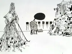 En surrealistisk teckning med en stor, klädd figur till vänster, två personer med en pratbubbla i mitten och en hög med objekt till höger. Någon verkar vilja rita fina bilder.
