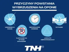 Przyczyny wybrzuszenia na oponie: uderzenie w dziurę, wjechanie na krawężnik, niepoprawne ciśnienie, jazda po nierównościach, wypadek.