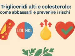 Illustrazione che spiega la differenza tra colesterolo e trigliceridi, con icone di arteria ostruita, LDL/HDL, goccia d'olio e cuore sano.