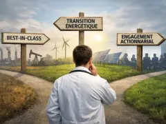 Un médecin réfléchit à un carrefour : industrie polluante, transition énergétique ou engagement actionnarial. Un choix crucial pour le mariage communauté universelle.