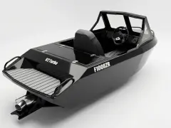 Czarna łódka sportowa F100RZR z kierownicą i siedzeniem. Dowiedz się, jak zarejestrować łódkę, by cieszyć się wodnymi przygodami.
