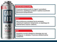Puszka preparatu Car Fix A/C Leak Stop Oil & Gas R1234YF z opisami uszczelniacza, oleju i gazu.
