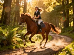 Jeune cavalière en plein galop dans une forêt baignée de soleil, un moment d'apprentissage équitation plein de grâce et de liberté.