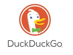 Logo DuckDuckGo: urocza biała kaczka w muszce, symbol prywatności w sieci.