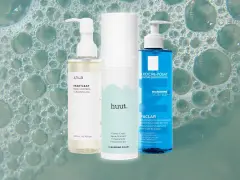 Drei Produkte für die Hautpflege: ein Reinigungsöl, ein Reinigungsschaum und ein Reinigungsgel. Perfekt, um das Gesicht zu reinigen.