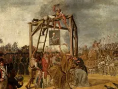 Scena z targowicy: wisielec, tłum, karoce i portret. Dramatyczne wydarzenie historyczne.