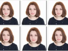 Sześć identycznych zdjęć 35x45mm młodej kobiety z rudymi włosami i naszyjnikiem.
