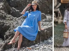 Modelli ispirano su come vestirsi per andare al mare: abito azzurro e completo bianco in lino, perfetti per la spiaggia.
