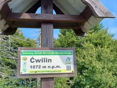 Tablica na szlaku Głównym Beskidu Wyspowego informuje o szczycie Ćwilin (1072 m n.p.m.).