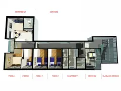 Rzut budynku zamieszkania zbiorowego: apartament, cztery pokoje, sanitariaty, kuchnia i klatka schodowa.