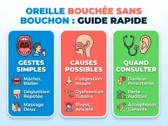 Guide rapide sur l'oreille bouchée : gestes simples, causes possibles (congestion nasale, dysfonction tubaire, stress) et quand consulter (douleur, perte auditive, acouphènes). Évitez le bouchon oreille interne.