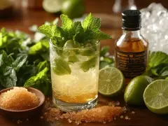Orzeźwiający mohito drink z miętą, limonką i cukrem trzcinowym. Obok buteleczka rumu i lód.