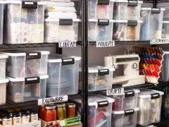 Organized basement storage ideas with labeled clear bins for linens, holiday items, crafts, electronics, and dishware.