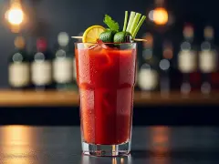 En glas blodig mary med is, garnerad med citron, gurka och selleri. Perfekt för en brunch.