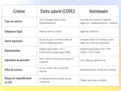 Tableau comparant les critères d'un contrat extra salarié (CDDU) et d'un contrat intérimaire, incluant le type de contrat, la rémunération et le risque de requalification en CDI.