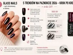 Manikiurzystka prezentuje efekt "glass nails" z pyłem chromowym. Instrukcja krok po kroku pokazuje, jak uzyskać lustrzany połysk na paznokciach w domu.