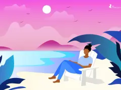 A person sits in a white Adirondack chair on a beach, enjoying the sunset. The scene is a perfect way to relax and recharge.