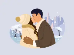 Pareja besándose en un paisaje nevado, con edificios al fondo. Él le susurra apodos cariñosos en francés.