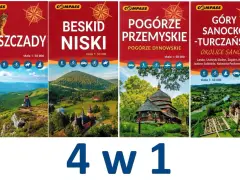 Cztery okładki map turystycznych: Bieszczady, Beskid Niski, Pogórze Przemyskie, Góry Sanocko-Turczańskie.