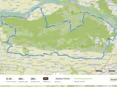Trasa rowerowa przez Kampinoski Szlak Rowerowy, z zaznaczonymi miejscowościami i profilami wysokości.
