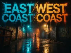 Nocny zaułek z neonowym napisem "EAST COAST WEST COAST". Deszczowa ulica, graffiti i samotna postać w oddali.