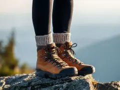 Brązowe buty trekkingowe na skale. Idealne na górskie wędrówki, sprawdź nasz ranking butów trekkingowych.